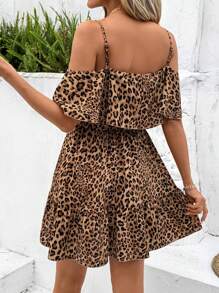 SHEIN Clasi Summer Holiday Outfits  Women's Elegant Brown Leopard Print Ruffle Ruffle V-Neck A-Line Mini Dress,Summer Dresses
Spring Clothes - Multicolor - View 2