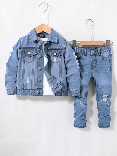 SHEIN Young Boy 2pcs Fashion Casual Blue Cut Out Ripped Frayed Denim Long-Sleeved Jacket And Elastic Cut Out Ripped Frayed Design Skinny Jeans For Dailywear And Boys Outfits Fall Clothes