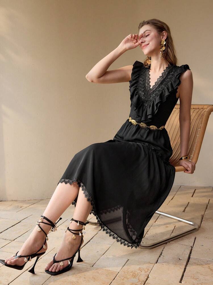 CONTRAST LACE RUFFLE TRIM DRESS,SPRING/SUMMER