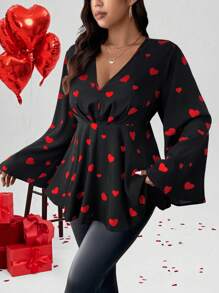 Celure Plus Size V-Neck Ruched Front Heart Textured A-Line Bell Sleeve Blouse, Valentines Day - Multicolor - View 3
