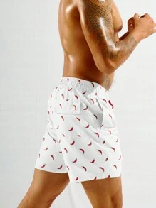 Manfinity KASUA Men's Chili Print Drawstring Waist Pocket Beach Shorts - White - View 3
