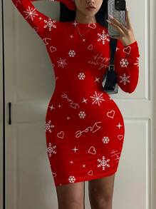 SHEIN Essnce Women's Casual Basic Holiday Sexy Long Sleeve Bodycon Midi Club Dress, Christmas Outfit