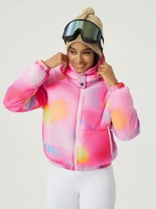 Women Tie-Dye Raglan Sleeve Zip Front Hooded Sports Jacket, Winter For Ski & Daily Wear - Pink - View 4