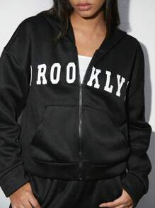 TRNVIE 2pcs Women's Casual All-Match Letter Print Kangaroo Pocket Hoodie & Elastic Waist Straight Leg Pants Set For Autumn/Winter