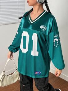 SHEIN 青少年女孩数字和字母印花足球球衣 T 恤，返校休闲装 - 綠色 - 查看 4