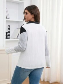 SHEIN LUNE Plus Size Women Soft Fleece Tricolor Patchwork Loose Stand Collar Long Sleeve T-Shirt
