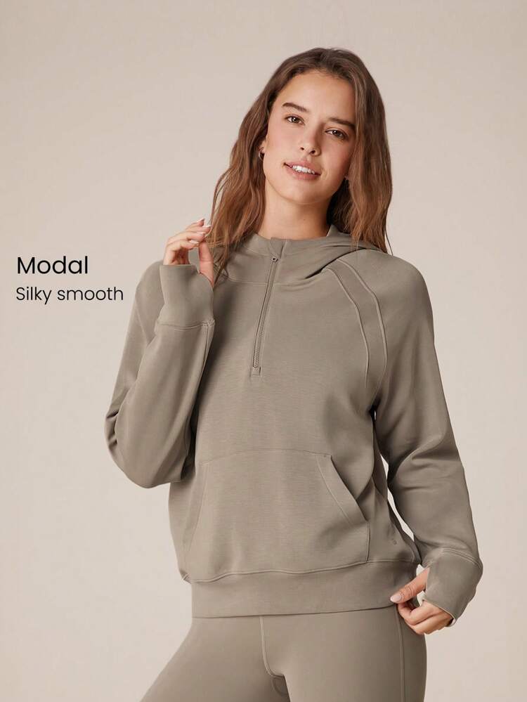 Modal Silk Touch Oversized Long Sleeve Half-Zip Hoodie  Spring Summer