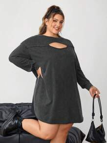 SHEIN CURVE+ Robe en mousseline de soie avec col ajouré, effet flocon de neige et délavé, pour femmes grande taille