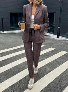 SHEIN LUNE Retro Plaid Collar Pocket Waist Cinched Blazer Jacket And Cinched Waist Tapered Leg Pants Casual Commuter Elegant Suit Set For Women, Autumn/Winter Winter Sets