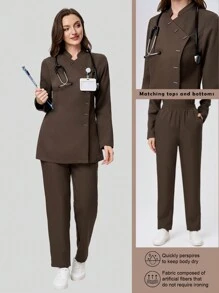 Scrubzie 2pcs Women Scrub Uniform Set Including Stand Collar Long Sleeve Top And Pants, Wrinkle Resistant - Brown - View 1