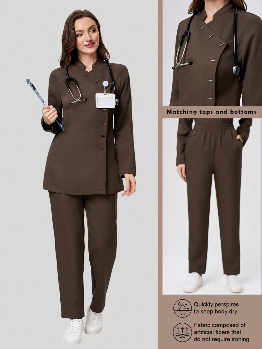 Scrubzie 2pcs Women Scrub Uniform Set Including Stand Collar Long Sleeve Top And Pants, Wrinkle Resistant - Brown - View 1