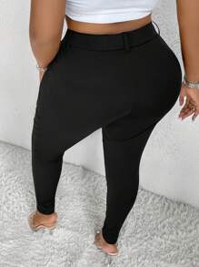 SHEIN CURVE+ Women's Knitted Elastic Slim-Fit Black Pants, Comfortable & Versatile, Suitable For All Seasons, Plus Size - Black - View 3
