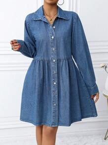 SHEIN LUNE 女士休闲牛仔连衣裙，简约时尚，适合日常穿着 - 中等水洗藍 - 查看 6