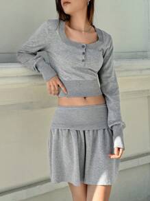 Jouncy 女士休闲两件套 - 正面纽扣长袖衬衫和迷你裙