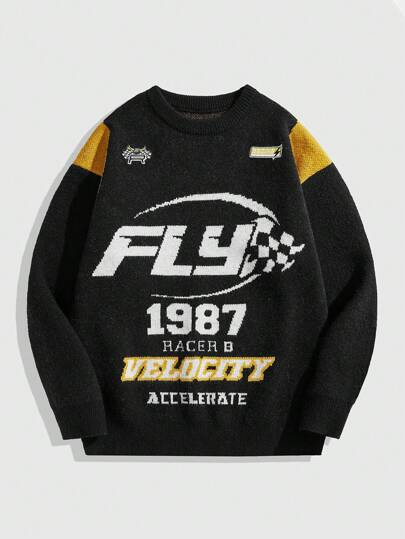 Prep Men's Letter Pattern Long Sleeve Casual Racing Sweater, Autumn/Winter