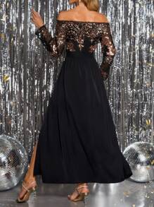 Ellevyn Sequin Off Shoulder Cinched Waist Slit Dress For Women,Valentines Clothes - Black - View 8