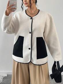 Flirla Plus Size Women Faux Single Breasted Contrast Color Pocket Jacket, Autumn/Winter - Black and White - View 5