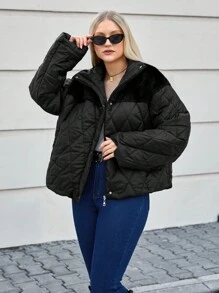 RueChic Plus Size Solid Color Front Zip Pocket Minimalist Winter Jacket - Black - View 5