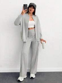 SHEIN Cottnline ZIP-UP LONG SLEEVE SWEATSHIRT & SWEATPANT CO-ORD - Grey - View 1