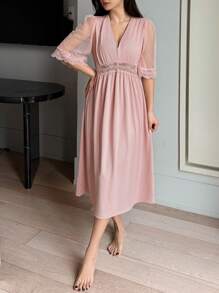 DAZY Lace Patchwork Sexy V-Neck Long Nightgown