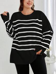 EURMUSE Suéter talla grande con hombros caídos y patrón de rayas - Blanco y Negro - Ver 4