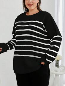 EURMUSE Suéter talla grande con hombros caídos y patrón de rayas - Blanco y Negro - Ver 5