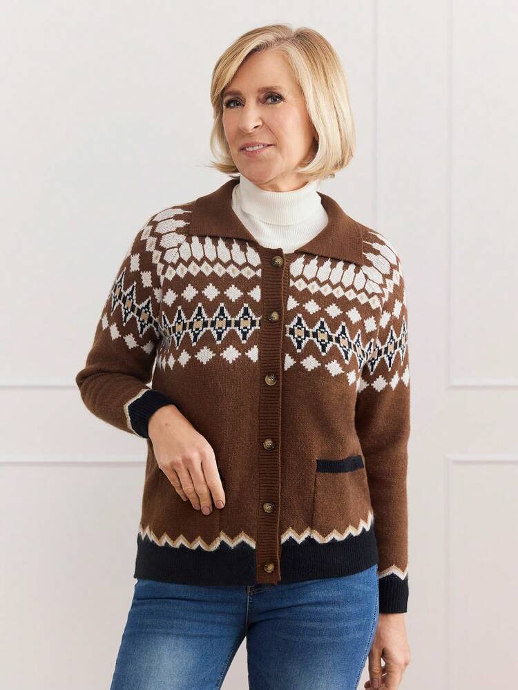 Women Geometric Pattern Raglan Sleeve Pocket Casual Cardigan, Autumn/Winter Sweaters For Women