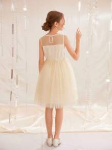 SHEIN Girls' Round Neck Sleeveless Mesh Splice A-Line Dress, Multi-Layers Ruffle Waisted, Suitable For Valentine's Day, Wedding, Birthday Party, Prom, Graduation - Champagne - View 2