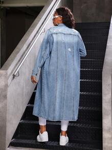 SHEIN Tall CURVE Plus Size Women Blue Denim Lapel Long Sleeve Long Jacket - Blue - View 2