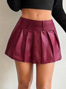 EgrlEra Jupe plissée à taille basse avec décoration de rivets en PU, look Y2K. Jupe mini courte pour femmes, idéale pour les fêtes de Noël et les soirées, couleur bordeaux - Rouge foncé - Voir 1