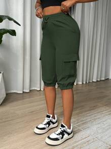 Zolique Women's Drawstring Waist Five-Cropped Cargo Pants - Green - View 5