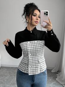 SHEIN Essnce Women Elegant Patchwork Tweed Long Sleeve Shirt, Spring,Office Siren,Valentine's Day Blouse - Black and White - View 3