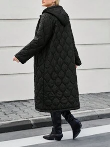 SHEIN Cottnline Black Quilted Plus Size Long Winter Coat - Black - View 2