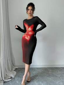 SHEIN Clasi 黑色背景红色花卉装饰圆领长袖中长款修身连衣裙，适合春季情人节女士穿着 - 紅色和黑色 - 查看 4