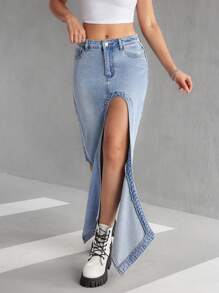 SHEIN EZwear 女式休闲前扣口袋开衩牛仔 A 字裙，简约设计 - 藍色 - 查看 6