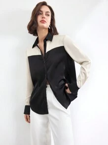 BizChic 女士缎面撞色办公室衬衫，优雅通勤工作服，适合新年、约会、春夏季 - 黑色 - 查看 3