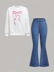 SHEIN 2 件套青少年女孩蝴蝶结运动衫和喇叭牛仔裤，休闲公主芭蕾风格