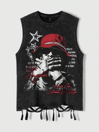 Grunge Punk Men's Unique Graffiti Portrait Printed Washed Sweatshirt Tank Top For Summer, 2000s Style