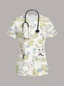 PopScrub Women's Simple Casual Cartoon Rabbit Print Scrub Uniform Top - White - View 1