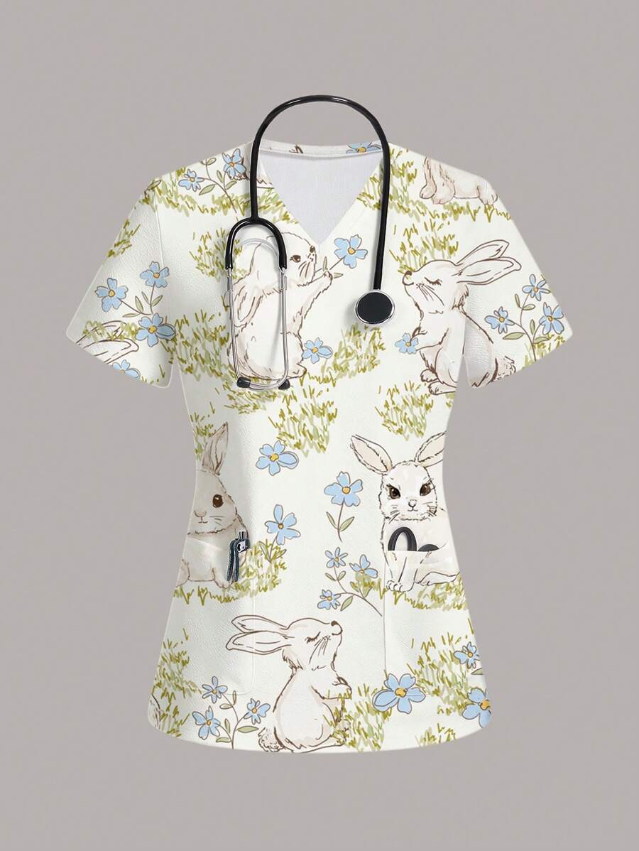 PopScrub Women's Simple Casual Cartoon Rabbit Print Scrub Uniform Top - White - View 1