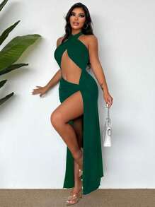VaVaBold Women's Beach Vacation Solid Color Waistline Cutout Side Slit Hem Halter Sexy Dress