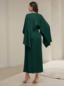 Modelyn 女士纯色圆领拼布阿巴雅长裙，优雅阿拉伯设计长款晚礼服，端庄
