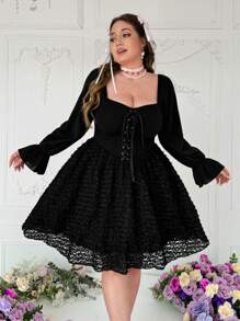Flirla Robe de soirée courte et formelle unique pour la Saint-Valentin en satin, col en V, manches longues, garniture de volants, décoration de fleurs 3D. Sexy et romantique. - Noir - Voir 4