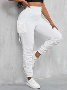 Zolique High Waist Work Pants With 3d Pockets And Elastic Cuffs Fall Cloth For Women - White - View 7