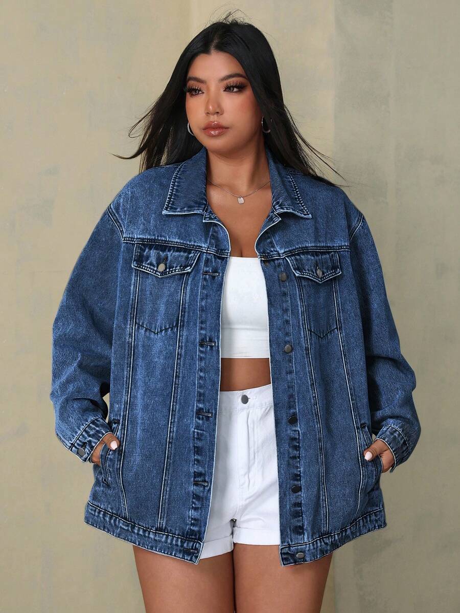 SHEIN EZwear 大码前扣长袖口袋简约休闲牛仔夹克 - 深色水洗藍 - 查看 1