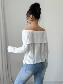 Chiquease Women's Solid Color Sexy Sheer Elegant Off Shoulder Long Sleeve Cropped Knitted Pullover Sweater Fall Winter - White - View 2