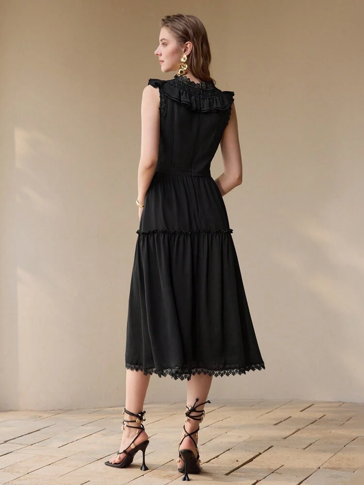 CONTRAST LACE RUFFLE TRIM DRESS,SPRING/SUMMER