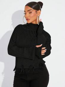 SHEIN SXY 女士纯色高领做旧长袖针织毛衣外出上衣