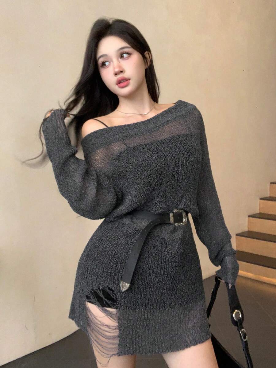 DAZY Women's Off Shoulder Long Sleeve Solid Color Casual Sweater Dress, Autumn/Winter Sheer Linen,Fall Women Clothes