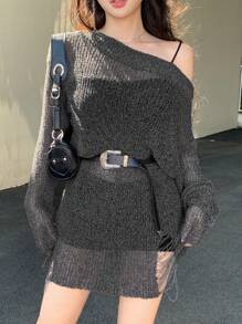 DAZY Women's Off Shoulder Long Sleeve Solid Color Casual Sweater Dress, Autumn/Winter Sheer Linen,Fall Women Clothes